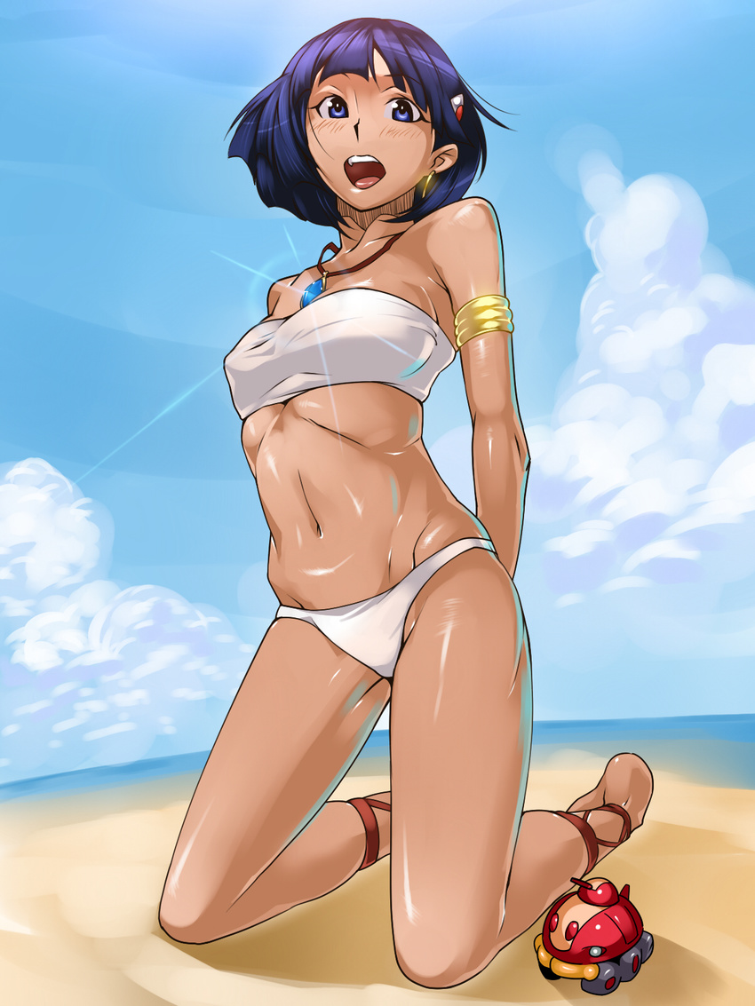 ankle_lace-up armlet arms_behind_back bad_id bad_pixiv_id bandeau bare_shoulders beach bikini blue_eyes blue_hair bob_cut bracelet breasts cloud cross-laced_footwear dark_skin day earrings fisheye fushigi_no_umi_no_nadia highres jewelry kneeling medium_breasts nadia navel ojo_(dfreak) open_mouth outdoors pendant shiny shiny_skin short_hair skindentation sky smile solo strapless swimsuit tubetop