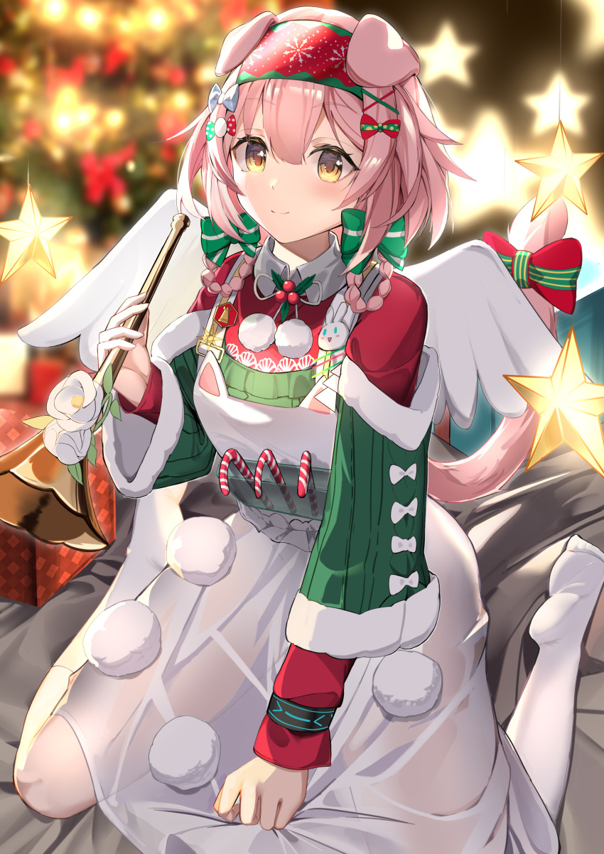 1girl absurdres animal_ears ankle_socks arknights between_legs blurry blurry_background blush bow box braided_hair_rings candy candy_cane cat_ears cat_tail christmas_tree closed_mouth floppy_ears food fur-trimmed_sleeves fur_trim gift gift_box goldenglow_(arknights) goldenglow_(maiden_for_the_bright_night)_(arknights) green_sweater_vest hair_between_eyes hair_bow hair_ornament hairband hand_between_legs hand_up highres holding holding_instrument horn_(instrument) infection_monitor_(arknights) instrument layered_sleeves long_sleeves looking_at_viewer mistletoe multiple_hair_bows official_alternate_costume pink_hair pom_pom_(clothes) pomegranate_nana print_hairband red_shirt see-through see-through_skirt shirt sitting skirt smile snowflake_print socks solo star_(symbol) striped_bow suspenders sweater_vest tail tail_bow tail_ornament wariza white_skirt white_socks x_hair_ornament yellow_eyes