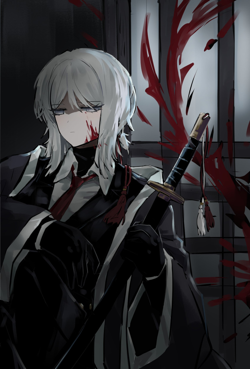 :| absurdres against_wall black_gloves black_jacket blood blood_on_face blood_on_wall closed_mouth collared_shirt dot_nose expressionless faust_(project_moon) feet_out_of_frame gloves grey_eyes grey_jacket haori highres holding holding_sword holding_weapon jacket japanese_clothes katana long_sleeves medium_hair naughty_0b necktie open_clothes open_jacket project_moon red_necktie shadow shirt sidelocks sitting sword weapon white_hair white_shirt