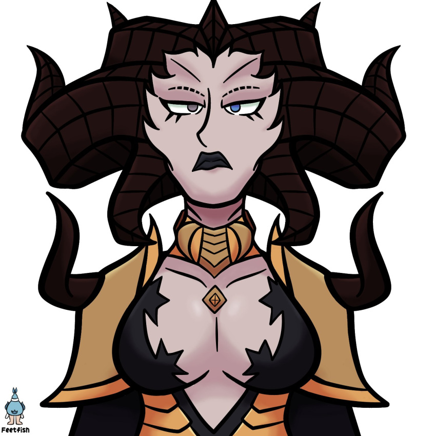 1:1 big_breasts black_clothing black_dress black_lipstick blizzard_entertainment blue_eyes breasts brown_horn chest_gem cleavage clothed clothing curved_horn demon demon_humanoid diablo dress eyelashes feetfish female front_view gem grey_eyes heterochromia hi_res horn horned_humanoid humanoid jewelry lilith_(diablo) lipstick makeup multi_horn necklace not_furry pale_skin solo