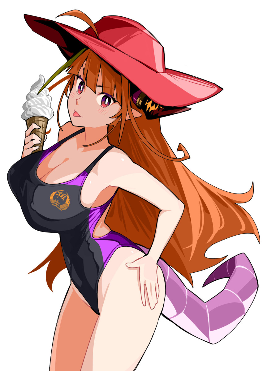 1girl :p ahoge bare_arms bare_shoulders black_one-piece_swimsuit breasts bright_pupils cleavage commentary competition_swimsuit cowboy_shot dismassd dragon_girl dragon_horns dragon_tail food hand_on_own_hip hat highleg highleg_swimsuit highres holding holding_food holding_ice_cream hololive horns ice_cream ice_cream_cone kiryu_coco large_breasts light_blush long_hair looking_at_viewer multicolored_eyes one-piece_swimsuit orange_hair pointy_ears purple_one-piece_swimsuit red_headwear simple_background solo standing sun_hat swimsuit symbol-only_commentary tail tongue tongue_out two-tone_swimsuit very_long_hair virtual_youtuber white_background white_pupils