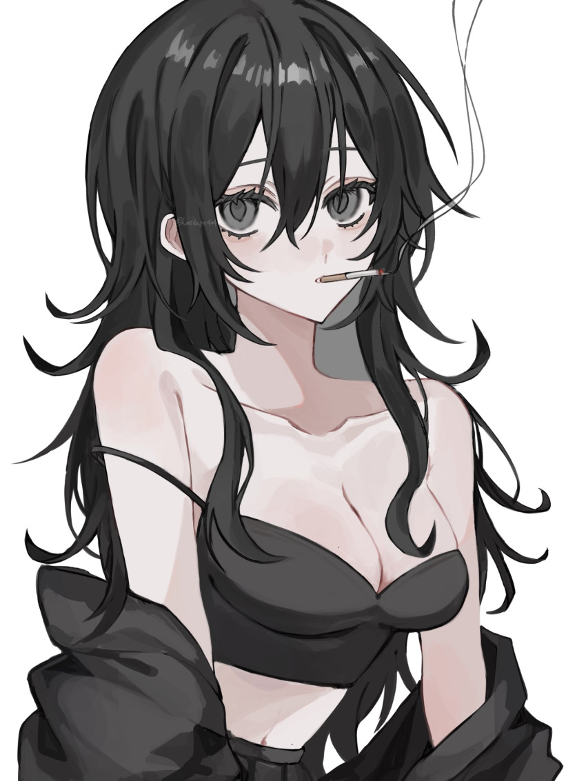 1girl bandeau bare_shoulders black_bandeau black_hair black_jacket black_skirt blush breasts cigarette cleavage collarbone cowboy_shot grey_eyes hair_between_eyes highres hosikage4040 jacket large_breasts long_hair looking_at_viewer messy_hair midriff mouth_hold navel off_shoulder open_clothes open_jacket original pleated_skirt sidelocks simple_background skirt smoke_trail smoking solo stomach twitter_username white_background