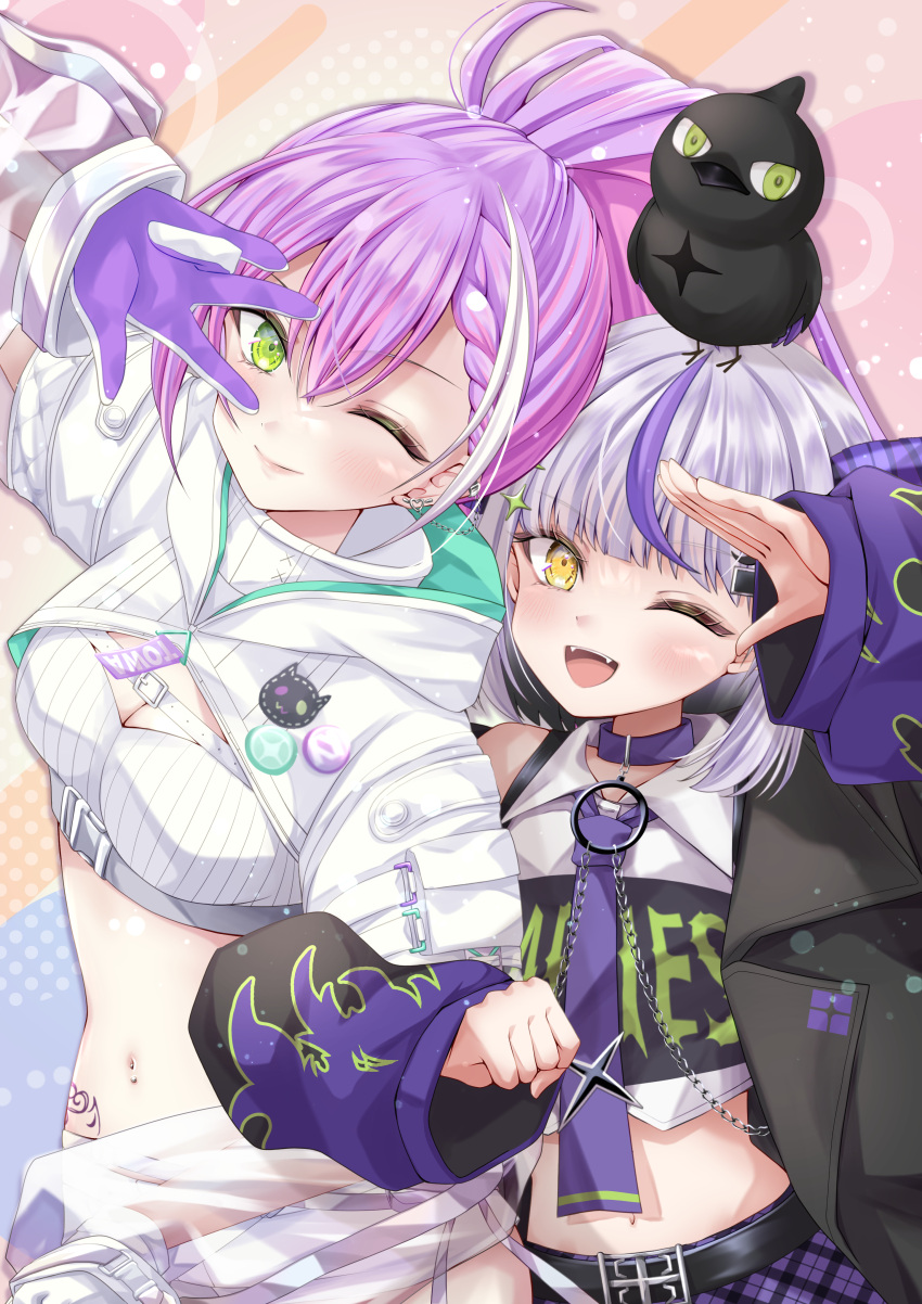 2girls absurdres allymidorikawa animal_on_head belt bird bird_on_head black_belt black_jacket blush breasts choker cleavage closed_mouth collared_shirt cropped_shirt crow_(la+_darknesss) ear_piercing fangs flame_print gloves green_eyes grey_hair heart heart_tattoo highres hololive jacket la+_darknesss la+_darknesss_(3rd_costume) long_hair looking_at_viewer medium_breasts multicolored_hair multiple_girls navel navel_piercing necktie on_head one_eye_closed open_mouth piercing pink_hair plaid plaid_skirt pointy_ears ponytail purple_choker purple_gloves purple_hair purple_necktie purple_skirt shirt short_hair skirt small_breasts smile streaked_hair tattoo teeth tokoyami_towa tokoyami_towa_(5th_costume) two-sided_gloves upper_teeth_only virtual_youtuber white_gloves white_hair white_shirt white_shrug winged_heart_tattoo yellow_eyes