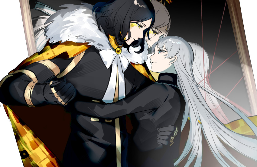 1boy 1girl angelica_(project_moon) black_gloves black_hair black_jacket black_vest blue_eyes cape closed_mouth e.g.o_(project_moon) fur-trimmed_cape fur_trim gauntlets gloves hand_on_another's_waist highres holding_hands jacket king_of_greed library_of_ruina long_hair medium_hair painting_(object) project_moon roland_(project_moon) shanhujiao smile very_long_hair vest waltz_(dance) white_hair yellow_cape yellow_eyes