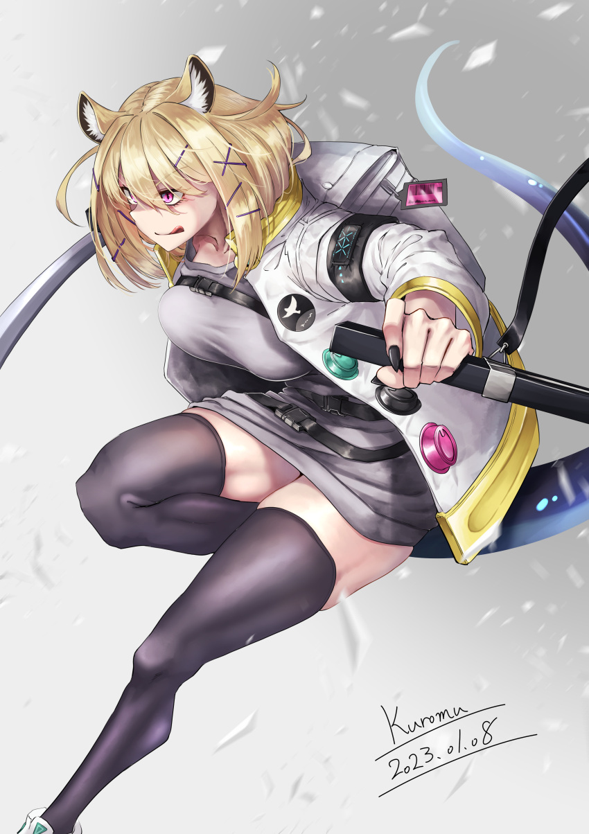 1girl :q absurdres animal_ears arknights artist_name backpack bag barcode black_nails black_thighhighs blonde_hair blue_tail blurry closed_mouth coat collarbone dated dress eyes_visible_through_hair fingernails foot_out_of_frame grey_background grey_dress hair_between_eyes hair_ornament hairclip highres holding holding_sheath holding_sword holding_weapon jumping kuromu long_fingernails long_sleeves looking_ahead making-of_available motion_blur nail_polish one-hour_drawing_challenge open_clothes open_coat purple_eyes purple_tail scabbard sharp_fingernails sheath short_dress short_hair signature solo strap sword tail thick_thighs thighhighs thighs tongue tongue_out unsheathed utage_(arknights) weapon white_bag white_coat x_hair_ornament