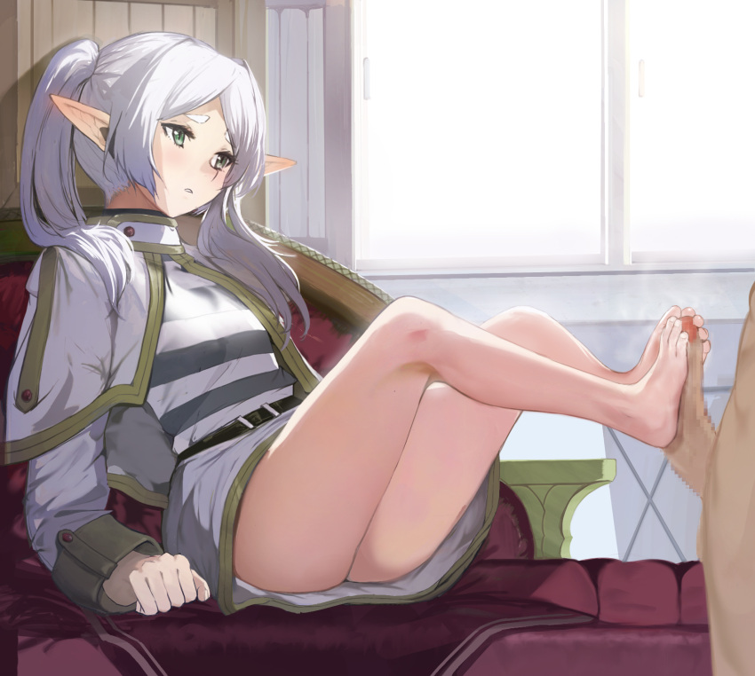 1boy 1girl ass barefoot blush capelet censored couch dress earrings elf footjob frieren green_eyes hetero highres indoors jewelry jinsai_sa_sa long_hair long_sleeves mosaic_censoring parted_bangs penis pointy_ears sitting solo_focus sousou_no_frieren toes twintails white_capelet white_dress white_hair window