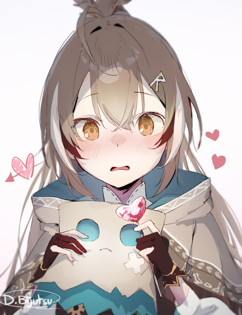 1girl ahoge arrow_through_heart blush brown_capelet brown_cloak brown_eyes brown_hair candy capelet cloak crossed_bangs deiji_bijutsu double-parted_bangs feather_hair_ornament feathers flustered food friend_(nanashi_mumei) gloves hair_between_eyes hair_ornament heart heart_lollipop hieroglyphics highres holding hololive hololive_english lollipop long_hair looking_at_viewer nanashi_mumei nanashi_mumei_(1st_costume) open_mouth partially_fingerless_gloves ponytail shaped_lollipop shirt valentine very_long_hair virtual_youtuber white_shirt