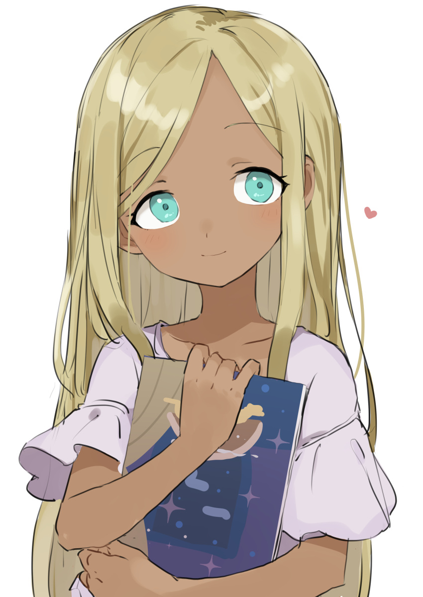 1girl absurdres aqua_eyes blonde_hair blush book closed_mouth collarbone dark-skinned_female dark_skin dot_nose gazacy_(dai) hands_up heart highres holding holding_book idolmaster idolmaster_cinderella_girls idolmaster_cinderella_girls_starlight_stage layla_(idolmaster) long_hair looking_at_viewer shirt short_sleeves simple_background smile solo upper_body white_background white_shirt