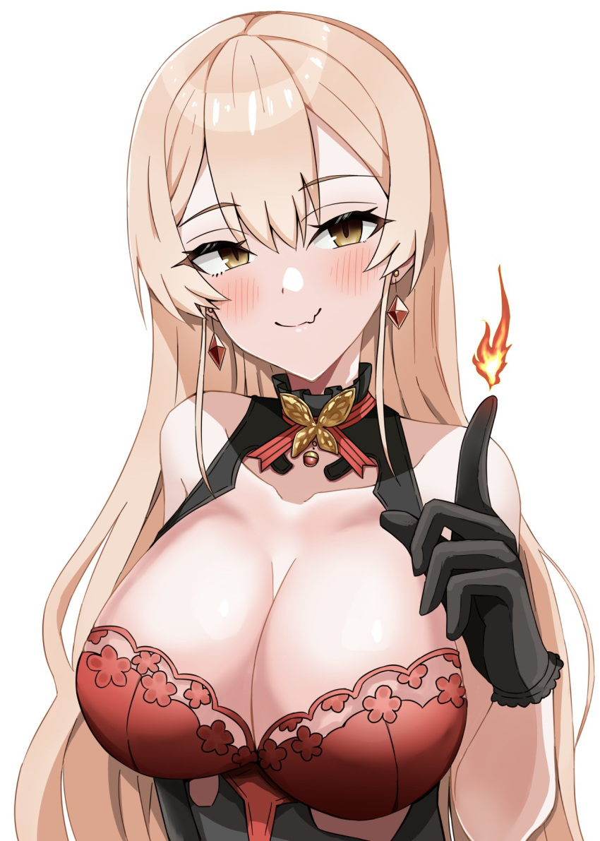 1girl bare_shoulders black_dress black_gloves blonde_hair blush bra breasts butterfly_choker cleavage dress earrings fang fire gloves hair_between_eyes halter_dress halterneck highres jewelry keikesu large_breasts long_hair looking_at_viewer magic nijisanji nui_sociere nui_sociere_(8th_costume) official_alternate_costume pyrokinesis red_bra see-through simple_background skin_fang smile solo underwear very_long_hair virtual_youtuber white_background witch yellow_eyes