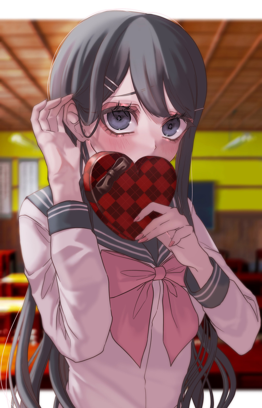 1girl absurdres adjusting_hair black_sailor_collar blue_eyes blush bow bowtie box classroom covering_own_mouth danganronpa:_trigger_happy_havoc danganronpa_(series) grey_shirt hair_between_eyes hair_ornament hairclip hands_up heart-shaped_box highres holding holding_box indoors maizono_sayaka mi_loveyouuu pink_bow pink_bowtie sailor_collar shirt solo