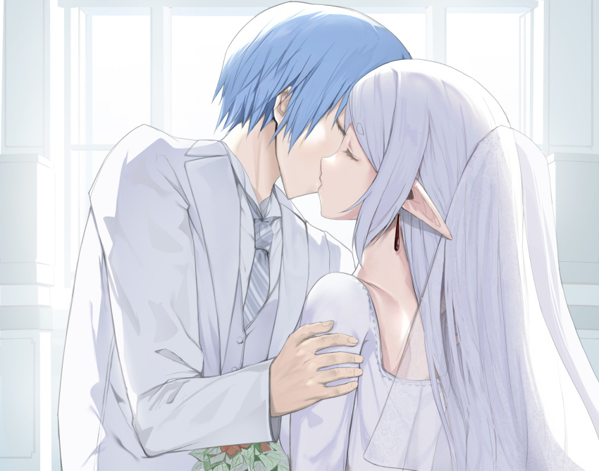 1boy 1girl blue_hair closed_eyes collared_shirt couple diagonal-striped_clothes diagonal-striped_necktie dress earrings elf frieren grey_necktie hair_down hetero highres himmel_(sousou_no_frieren) jewelry jinsai_sa_sa kiss long_hair long_sleeves necktie pointy_ears shirt short_hair sousou_no_frieren striped_clothes suit wedding_dress white_dress white_shirt white_suit