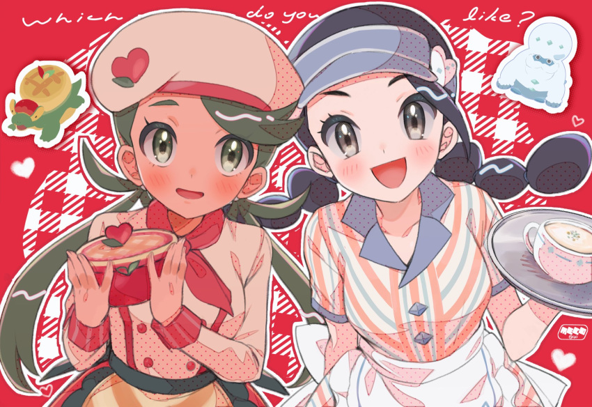 2girls :d abe_(kumayu) appletun apron black_hair blush braid candice_(palentine's_2024)_(pokemon) candice_(pokemon) chef_hat cup dark-skinned_female dark_skin dress food galarian_darmanitan galarian_darmanitan_(standard) green_eyes green_hair grey_eyes hat heart highres holding holding_food holding_tray long_hair long_sleeves looking_at_viewer mallow_(palentine's_2023)_(pokemon) mallow_(pokemon) multiple_girls official_alternate_costume open_mouth pokemon pokemon_(creature) pokemon_masters_ex red_background short_sleeves smile tray twin_braids twintails upper_body visor_cap waist_apron white_apron