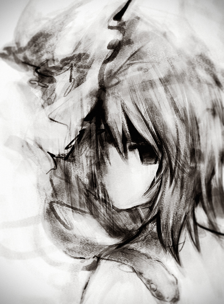 1other absurdres androgynous animal_on_shoulder atoymk empty_eyes greyscale highres kurohebi len'en looking_at_viewer medium_hair monochrome no_mouth no_nose other_focus portrait sketch snake snake_on_shoulder solo