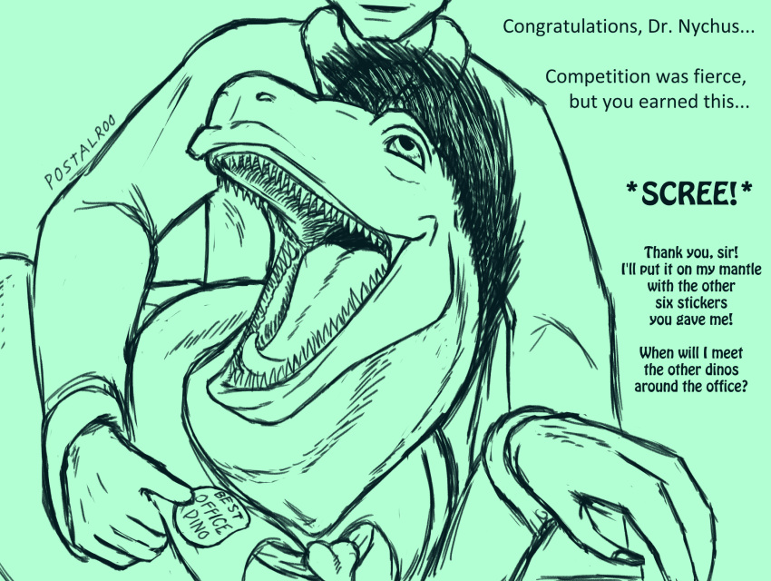 after_transformation award claws clothing deinonychus demi_transformation dialogue dinosaur dr._nychus dromaeosaurid duo english_text feral hair happy hi_res human male mammal necktie postalroo reptile scalie sharp_teeth simple_background sound_effects sticker teeth text theropod