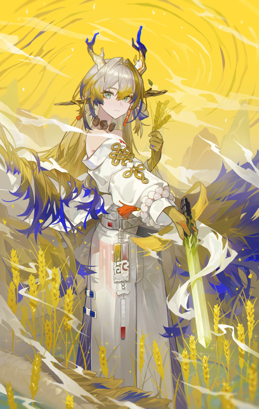 1girl arknights bare_shoulders beads blonde_hair brown_horns closed_mouth colored_tips dragon_girl dragon_horns dress earrings eyes_visible_through_hair feet_out_of_frame green_eyes grey_hair grey_horns hair_between_eyes hair_intakes hand_up highres holding holding_sword holding_weapon horns jewelry lettereast long_dress long_hair long_sleeves looking_at_viewer magic multicolored_hair necklace off_shoulder plant purple_hair purple_horns shu_(arknights) smile solo sparkle standing sword turning_head weapon wheat white_dress