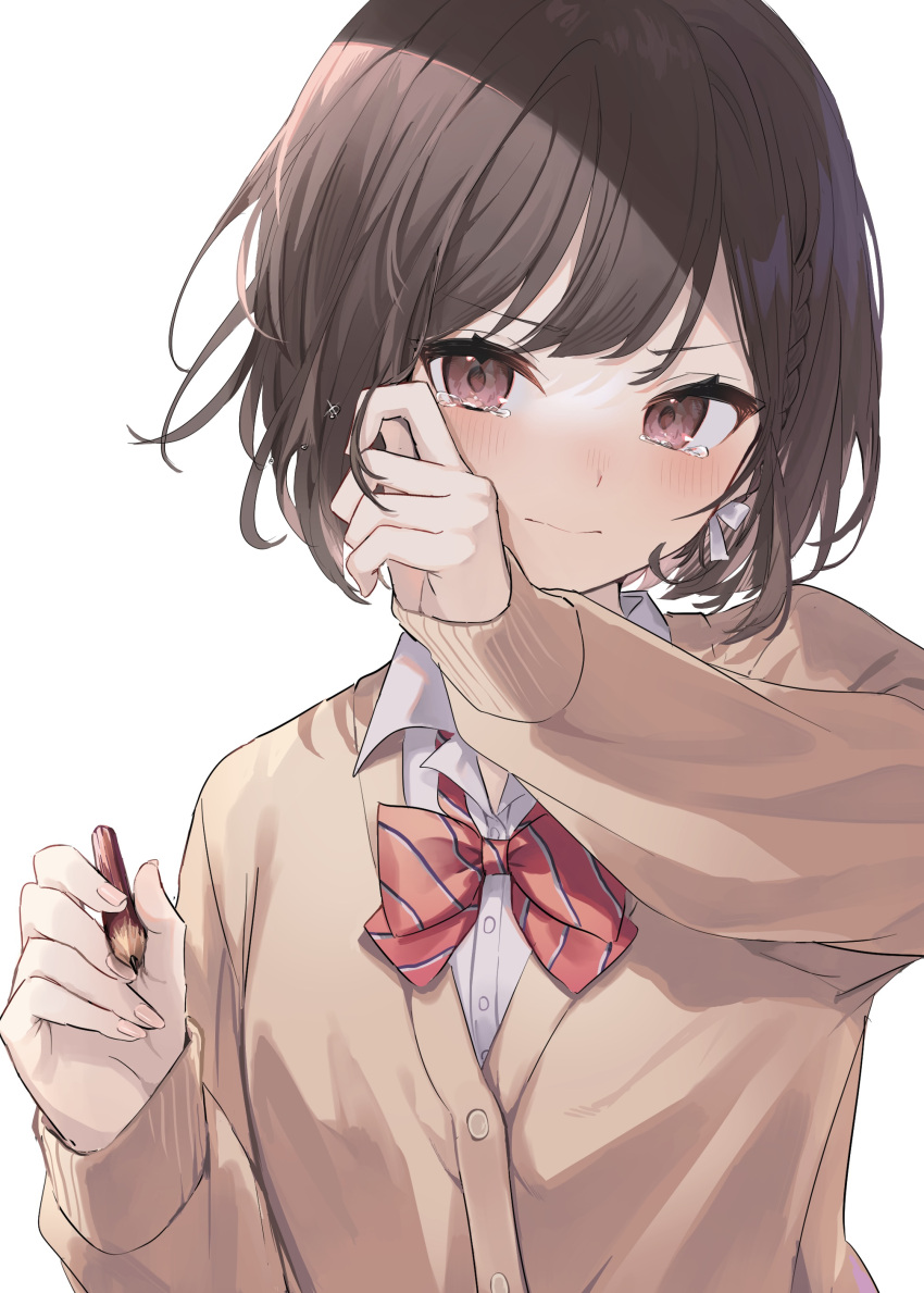 1girl absurdres blush bow bowtie braid brown_cardigan brown_eyes brown_hair buttons cardigan closed_mouth collared_shirt commentary_request crying crying_with_eyes_open diagonal-striped_bow diagonal-striped_bowtie diagonal-striped_clothes fingernails glint hair_bow highres holding holding_pencil kamiyama_high_school_uniform_(project_sekai) long_sleeves looking_at_viewer multicolored_bow multicolored_bowtie pencil project_sekai purple_eyes red_bow red_bowtie sad_smile school_uniform shinonome_ena shirt short_hair side_braid smile solo striped_bow striped_bowtie striped_clothes tears upper_body v-shaped_eyebrows white_background white_bow white_bowtie white_shirt wiping_tears wooden_pencil yuzutouhu_ika