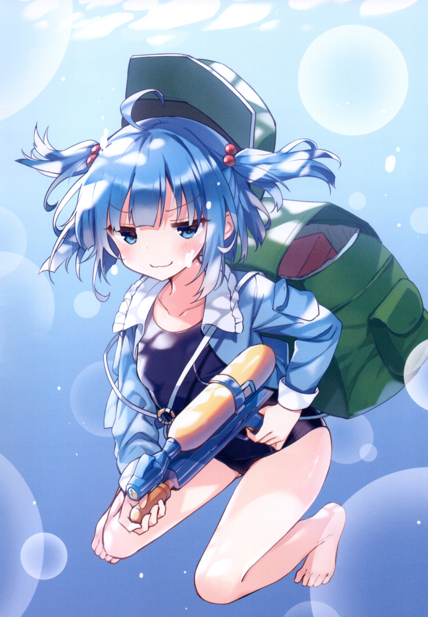 1girl absurdres bag barefoot baseball_cap blue_eyes blue_hair blue_shirt blush breasts closed_mouth collarbone collared_shirt frilled_shirt_collar frills green_bag green_headwear hair_bobbles hair_ornament half-closed_eyes hat highres holding holding_water_gun kawashiro_nitori long_sleeves looking_at_viewer open_clothes open_shirt pocket shirt shnva short_hair short_twintails sidelocks small_breasts smile solo swimming swimsuit touhou twintails underwater v-shaped_eyebrows water_gun