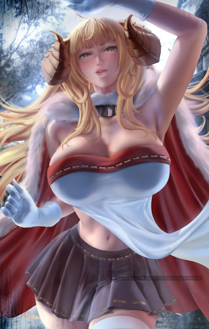 1girl absurdres ahoge anila_(granblue_fantasy) blonde_hair blunt_bangs breasts cleavage curled_horns granblue_fantasy granblue_fantasy_versus highres horns large_breasts long_hair navel sheep sheep_horns short_eyebrows thick_eyebrows yellow_eyes yoellim5