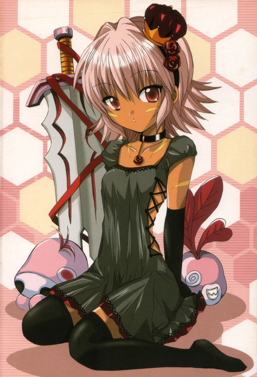 .hack// .hack//tasogare_no_udewa_densetsu absurdres bandai black_legwear black_rose_(.hack//) blackrose choker crown cyber_connect_2 dark_skin dress gothic_lolita hack highres izumi_rei kneeling kunisaki_rena lingerie lolita_fashion lowres pink_eyes pink_hair puchiguso short_dress short_hair sitting sword tattoo thighhighs underwear wariza weapon zettai_ryouiki