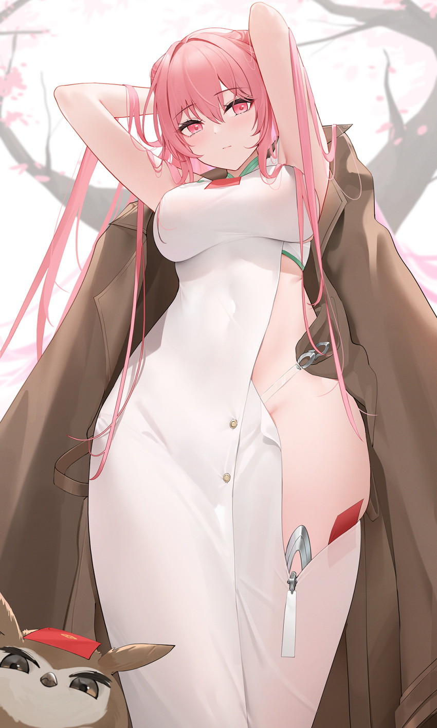 1girl arms_behind_head arms_up azur_lane bird breasts brown_coat china_dress chinese_clothes coat coat_on_shoulders dress from_below highres hip_vent hongbao impossible_clothes impossible_dress large_breasts official_alternate_costume owl perseus_(azur_lane) perseus_(spring_lackadaisical_leisure)_(azur_lane) pink_eyes pink_hair qing_wu sideless_dress sleeveless sleeveless_dress white_dress zipper_pull_tab