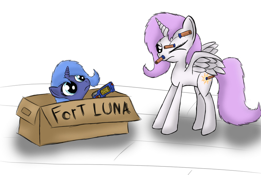 box cub cutie_mark duo equine female feral friendship_is_magic gun hair horn horse long_hair mammal my_little_pony nerf_gun ninjapony pistol pony princess princess_celestia_(mlp) princess_luna_(mlp) ranged_weapon royalty sibling siblings sisters suction_cup toy unicorn weapon winged_unicorn wings young