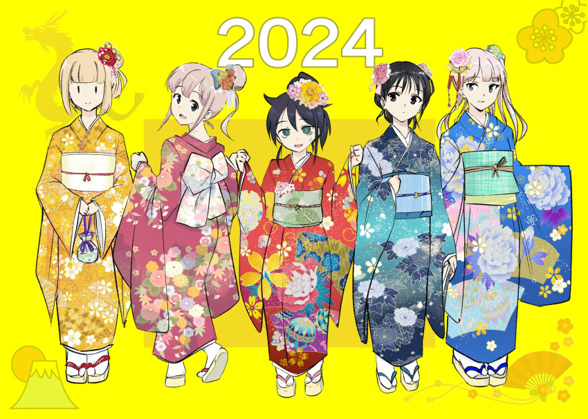 2024 bags_under_eyes black_hair blue_kimono breasts floral_print floral_print_kimono flower hair_flower hair_ornament highres japanese_clothes katou_asuka kimono kuroki_tomoko long_hair looking_at_viewer motomiki multiple_girls nemoto_hina new_year obi pink_kimono print_kimono red_kimono sash smile tamura_yuri uchi_emiri watashi_ga_motenai_no_wa_dou_kangaetemo_omaera_ga_warui! wide_sleeves yukata