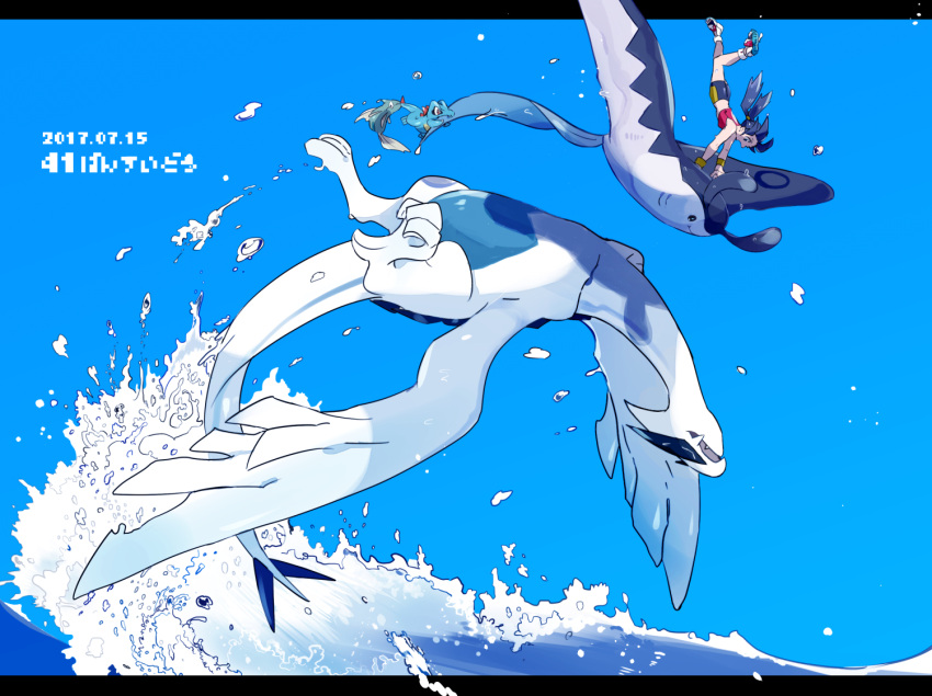 blue_background blue_hair blue_skin blue_sky colored_skin commentary_request dated flying kris_(pokemon) letterboxed low_twintails lugia mantine pokemon pokemon_(creature) remoraid riding riding_pokemon simple_background sky splashing totodile twintails water waves white_skin wings ytot_335