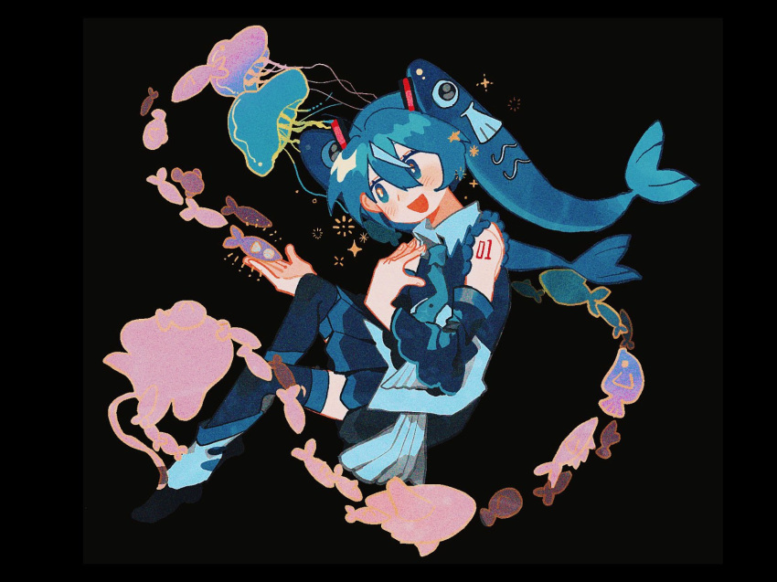 1girl :d black_background blue_eyes blue_hair blue_necktie blue_shirt blue_skirt blue_sleeves blue_thighhighs blush boots commentary detached_sleeves english_commentary fingernails fish full_body hair_between_eyes hair_ornament hatsune_miku jellyfish looking_at_animal necktie omaeoekakiuma open_mouth shirt simple_background skirt sleeveless sleeveless_shirt smile solo sparkle thighhighs twintails vocaloid