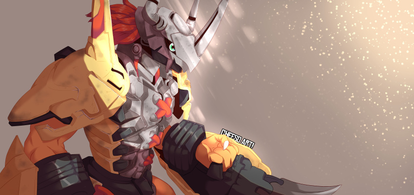 2021 absurd_res anthro armor bandai_namco cheesoart claw_(weapon) claws digimon digimon_(species) first green_eyes grey_background hair headgear helmet hi_res light lighting male melee_weapon muscular muscular_male particles portrait red_hair simple_background solo spaulder three-quarter_portrait wargreymon warrior weapon white_claws