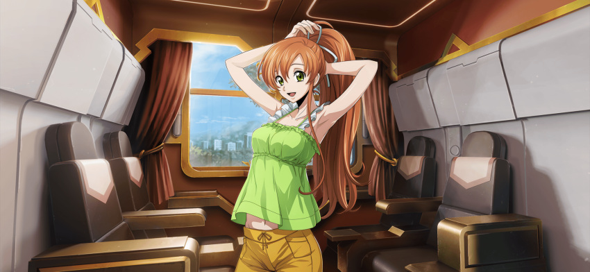 1girl armpits arms_up artist_request blue_sky breasts chair code_geass code_geass:_lost_stories collarbone cowboy_shot curtains day frilled_shirt frills game_cg green_eyes green_shirt hair_between_eyes hair_ribbon happy highres indoors long_hair looking_at_viewer medium_breasts midriff_peek navel non-web_source official_art open_mouth orange_hair pants pocket ponytail ribbon shirley_fenette shirt sidelocks sky sleeveless sleeveless_shirt smile solo spaghetti_strap standing train_interior tree tying_hair upper_body white_ribbon window yellow_pants