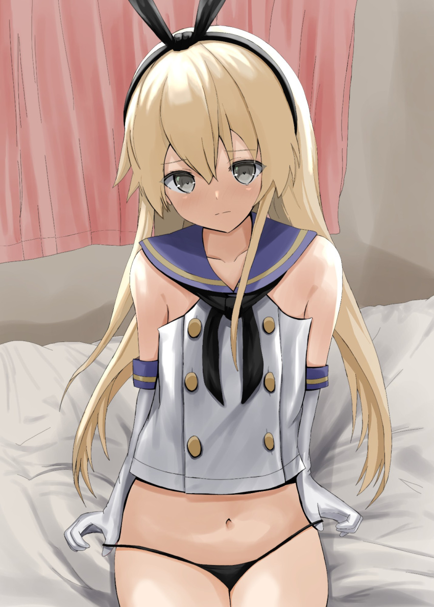1girl bed black_hairband black_neckerchief black_panties blonde_hair blue_sailor_collar commentary_request cowboy_shot crop_top curtains disuto elbow_gloves gloves grey_eyes hairband highres holding holding_clothes holding_panties holding_underwear kantai_collection long_hair looking_at_viewer miniskirt neckerchief panties sailor_collar shimakaze_(kancolle) shirt sitting skirt sleeveless sleeveless_shirt solo underwear white_gloves