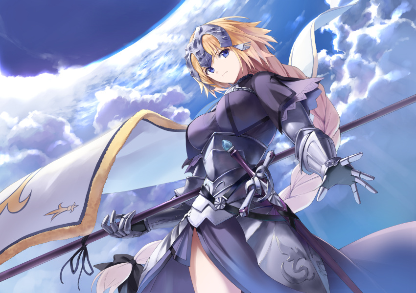 1girl absurdres armor armored_dress blonde_hair blue_sky braid braided_ponytail chain closed_mouth cloud commentary_request dress fate/apocrypha fate/grand_order fate_(series) flag floating_hair headpiece highres holding holding_flag jeanne_d'arc_(fate) jeanne_d'arc_(ruler)_(fate) long_hair looking_at_viewer pelvic_curtain plackart purple_dress purple_eyes sky solo sword very_long_hair weapon yanagi_marie