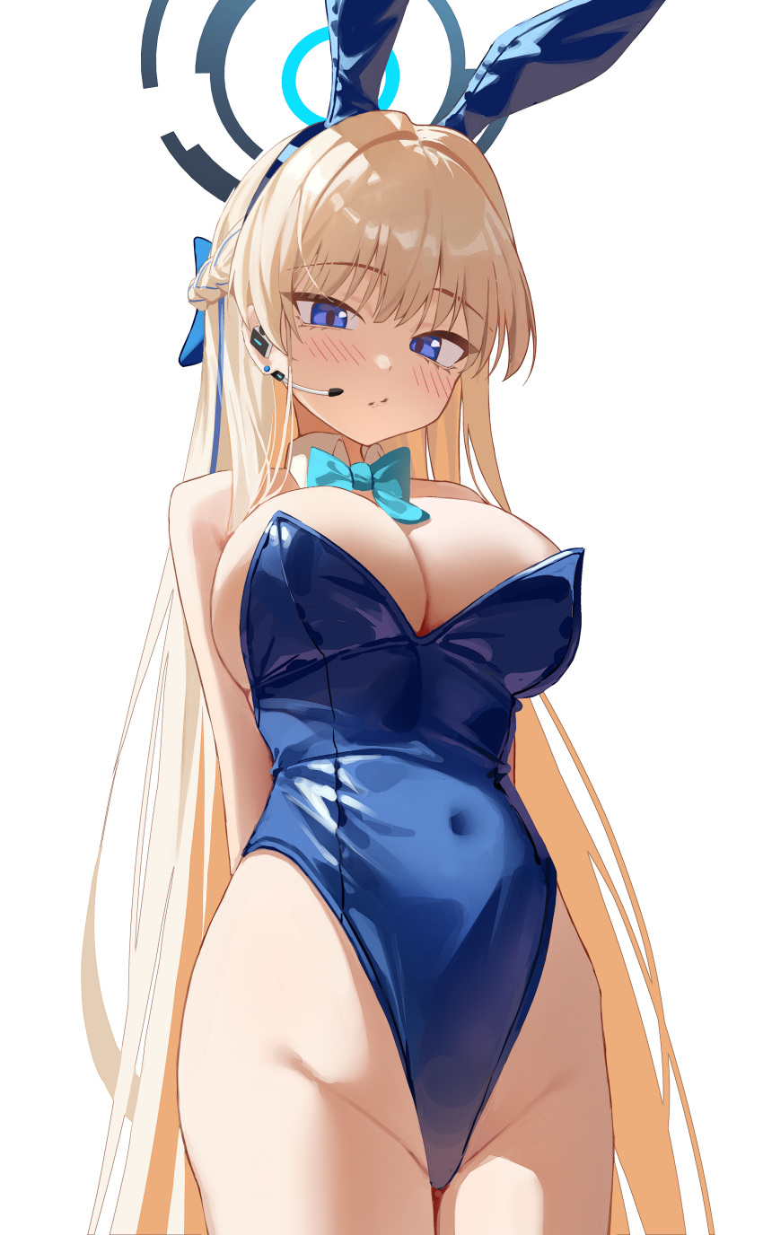 1girl absurdres alpha_beast animal_ears blonde_hair blue_archive blue_bow blue_bowtie blue_eyes blue_hair blue_leotard blush bow bowtie braid breasts closed_mouth covered_navel cowboy_shot dress earpiece fake_animal_ears groin highres large_breasts leotard long_hair multicolored_hair official_alternate_costume rabbit_ears simple_background solo strapless strapless_dress streaked_hair toki_(blue_archive) toki_(bunny)_(blue_archive) white_background