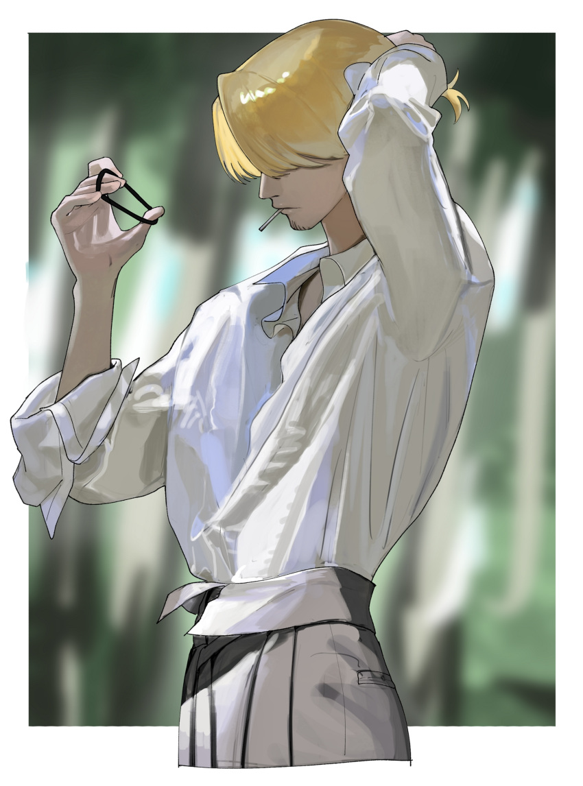 1boy absurdres blonde_hair border cigarette closed_mouth collared_shirt cropped_legs from_side hair_over_eyes hand_on_own_head highres holding_hair_tie long_sleeves male_focus one_piece sanji_(one_piece) shirt short_hair solo tokoni_fusu tying_hair white_border white_shirt