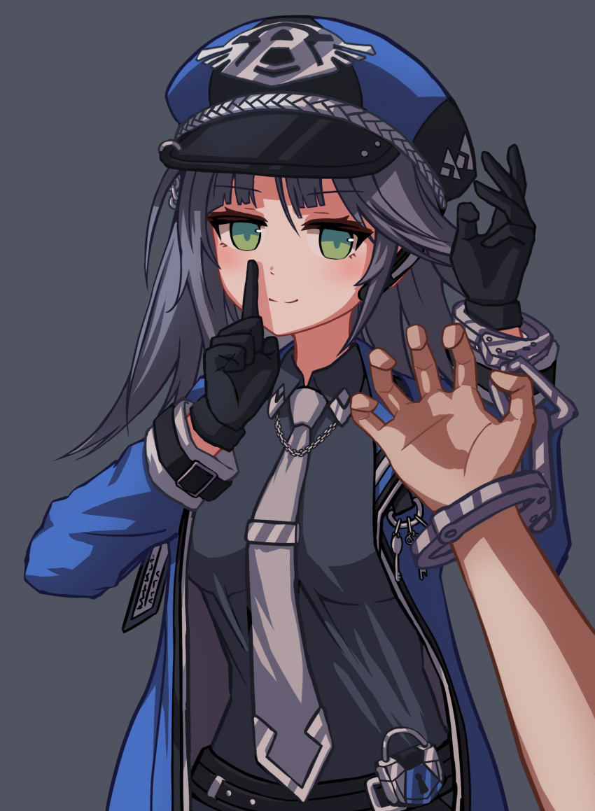1boy 1girl arm_up black_shirt black_survival blue_headwear blue_jacket breasts character_request closed_mouth collared_shirt cuffs green_eyes grey_background grey_hair grey_necktie hand_up handcuffs hat highres jacket lock long_sleeves medium_breasts necktie open_clothes open_jacket padlock peaked_cap puffy_long_sleeves puffy_sleeves shirt simple_background smile solo_focus stratosphere_(coom1017)