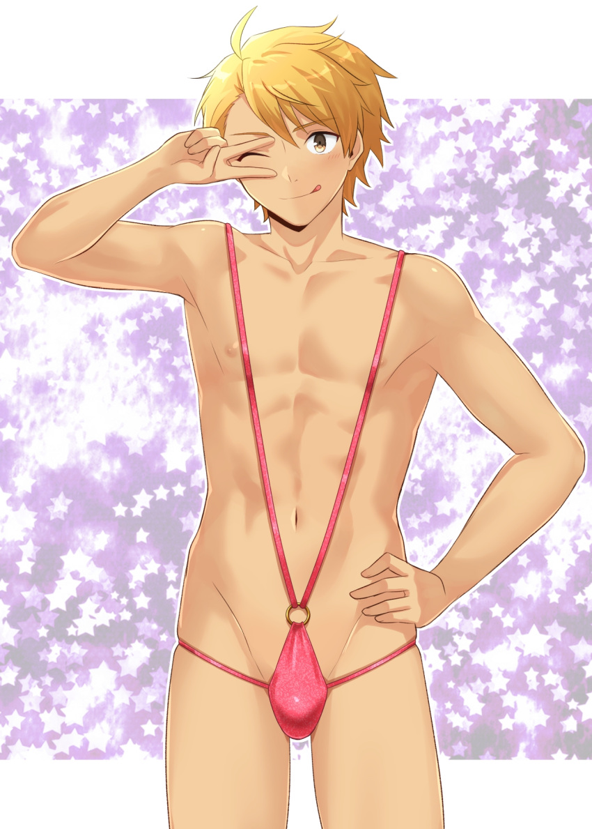 1boy ;p ahoge blonde_hair blush brown_eyes bulge collarbone cowboy_shot groin hand_on_own_hip hand_up highres licking_lips linea_alba looking_at_viewer male_focus nipples o-ring one-piece_swimsuit one_eye_closed original parted_bangs pectorals pink_one-piece_swimsuit short_hair skindentation slingshot_swimsuit solo spiked_hair standing starry_background swimsuit toned toned_male tongue tongue_out v_over_eye variant_set yuya_hytk