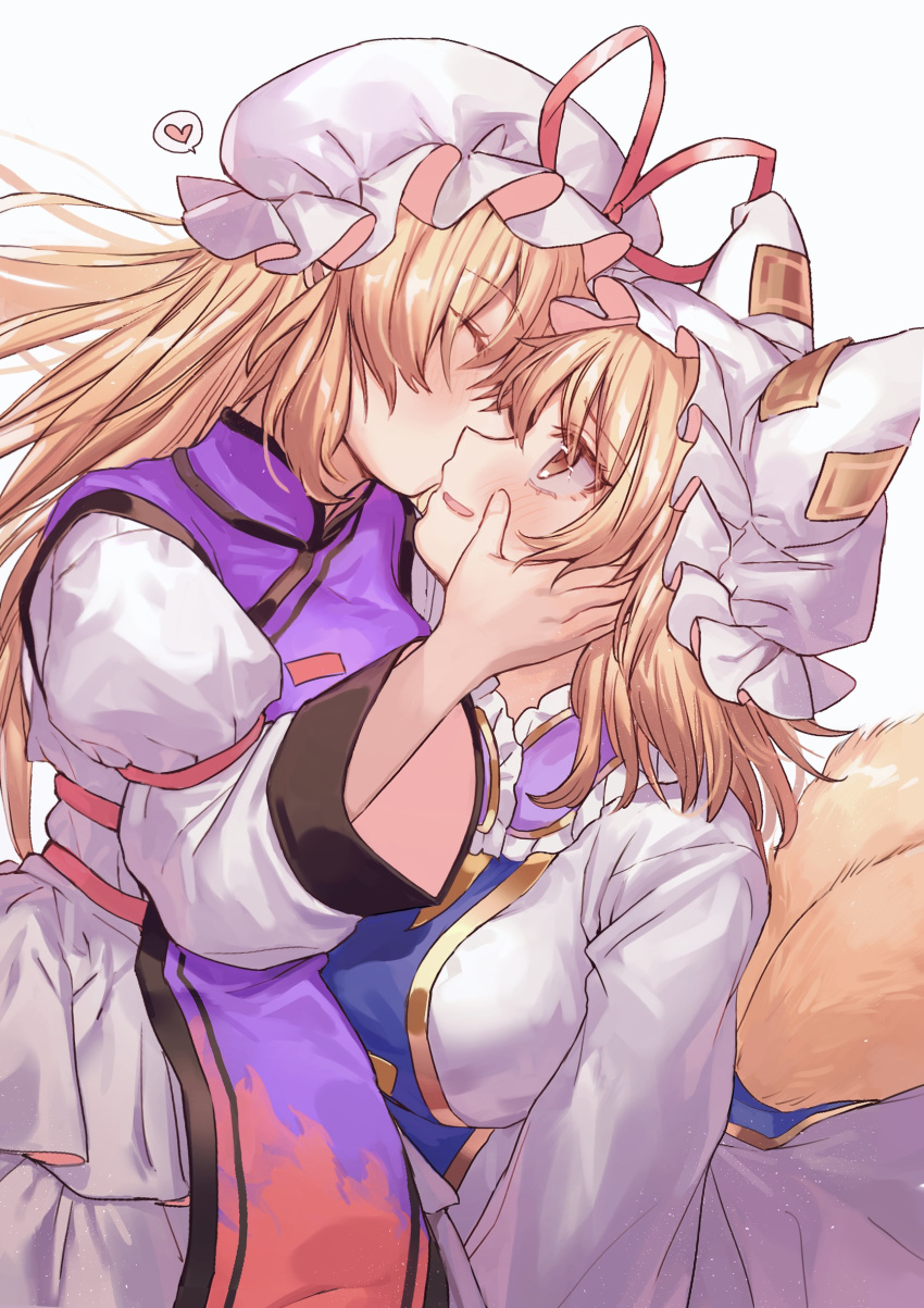 2girls absurdres animal_ears blonde_hair blush breasts closed_eyes dress fox_ears fox_tail hat heart highres large_breasts long_hair long_sleeves masanaga_(tsukasa) mob_cap multiple_girls multiple_tails open_mouth simple_background spoken_heart tabard tail touhou white_background white_dress white_headwear wide_sleeves yakumo_ran yakumo_yukari yellow_eyes yuri