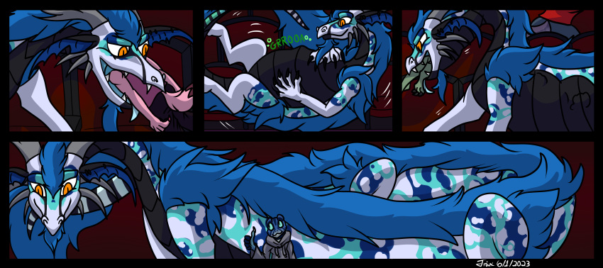 abdominal_bulge absurd_res anthro antlers belly body_size_growth comic dragon eastern_dragon feral group growth hi_res horn male mane movie_theater ophidophile oral_vore quinarth_snowtide_(eastern) reptile scalie size_difference size_transformation snake soft_vore transformation trix-master vore