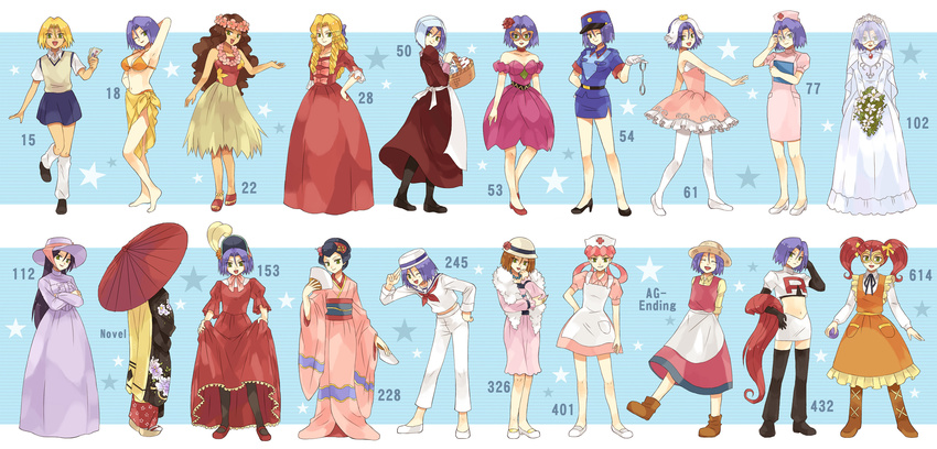 anklet apron barefoot basket bikini blonde_hair blue_hair boots bouquet bow brown_hair cosplay costume_chart crossdressing crossed_arms curly_hair dress egg fan feather_boa flower folding_fan glasses gloves grass_skirt green_eyes hair_bow hat high_heels highres holding holding_poke_ball japanese_clothes jewelry joy_(pokemon) joy_(pokemon)_(cosplay) junsaa_(pokemon) junsaa_(pokemon)_(cosplay) kimono kneehighs kojirou_(pokemon) lei lineup lipstick long_hair makeup male_focus musashi_(pokemon) musashi_(pokemon)_(cosplay) necklace nurse_cap one_eye_closed open_mouth otoko_no_ko pantyhose paper_fan parasol pink_hair poke_ball pokemon pokemon_(anime) purple_hair red_hair ribbon ring rose salute sandals school_uniform shoes short_hair skirt smile star sun_hat swimsuit thighhighs ticket twintails umbrella usao_(313131) veil wedding_dress wig
