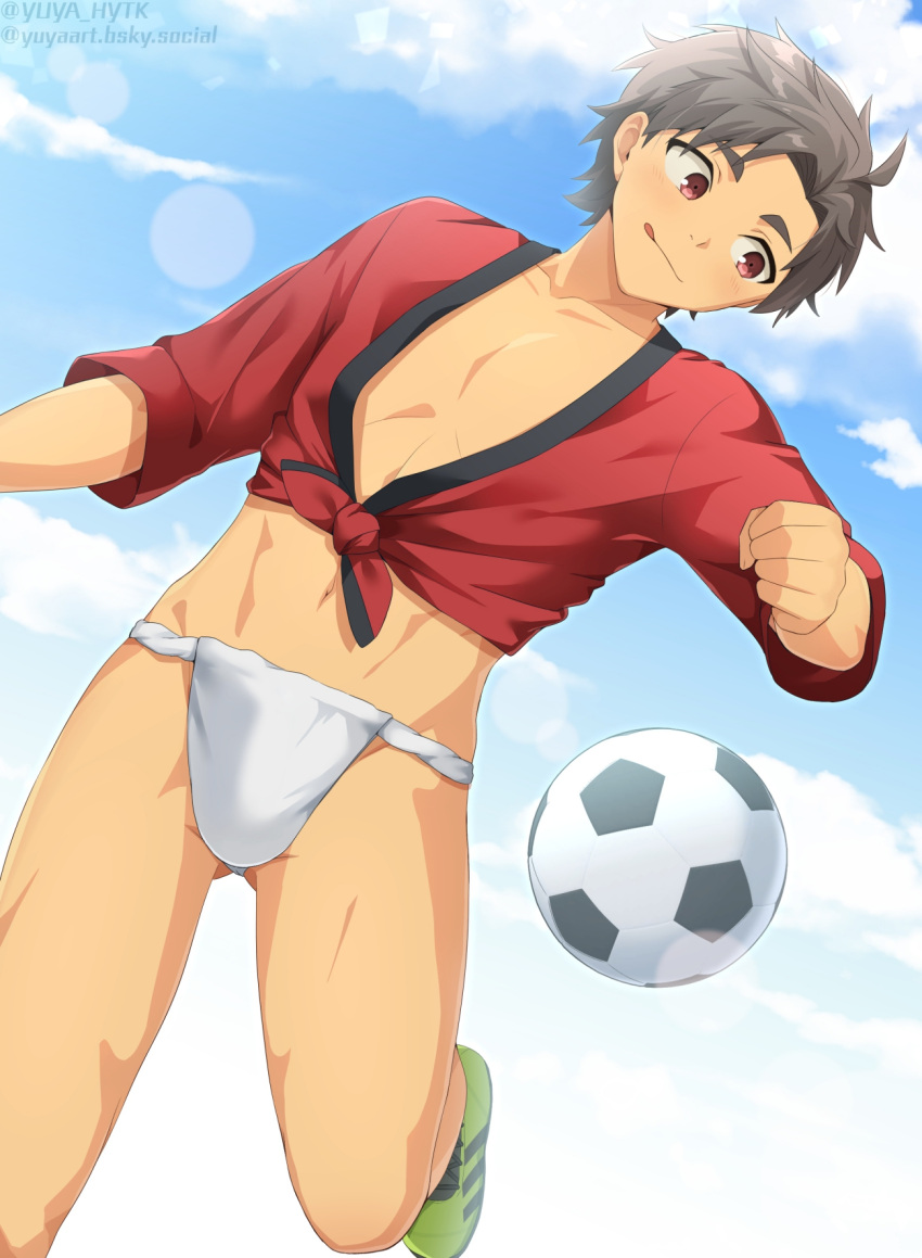 1boy :p artist_name ass_visible_through_thighs ball blue_sky blush bulge clenched_hand collarbone commentary_request crop_top day facing_viewer fundoshi fundoshi_day green_footwear grey_hair groin hair_intakes hand_up happi highres japanese_clothes lens_flare licking_lips linea_alba male_focus male_underwear navel original outdoors paid_reward_available parted_bangs pectoral_cleavage pectorals pink_eyes playing_sports red_happi shoes short_hair sky sneakers soccer soccer_ball solo spiked_hair standing standing_on_one_leg thick_eyebrows toned toned_male tongue tongue_out twitter_username underwear yuya_hytk