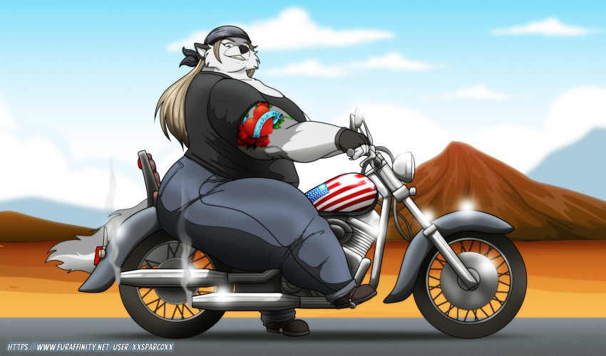 2023 anthro arm_tattoo bandanna belly big_breasts blue_eyes bottomwear breasts brown_hair clothing cloud denim denim_bottomwear denim_clothing digital_media_(artwork) female footwear fur grey_body grey_fur hair heart_tattoo hi_res huge_breasts jeans kerchief motorcycle overweight overweight_anthro overweight_female pants shirt shoes sky smile smiling_at_viewer solo sophia_(xxsparcoxx) tattoo thick_thighs topwear vehicle xxsparcoxx