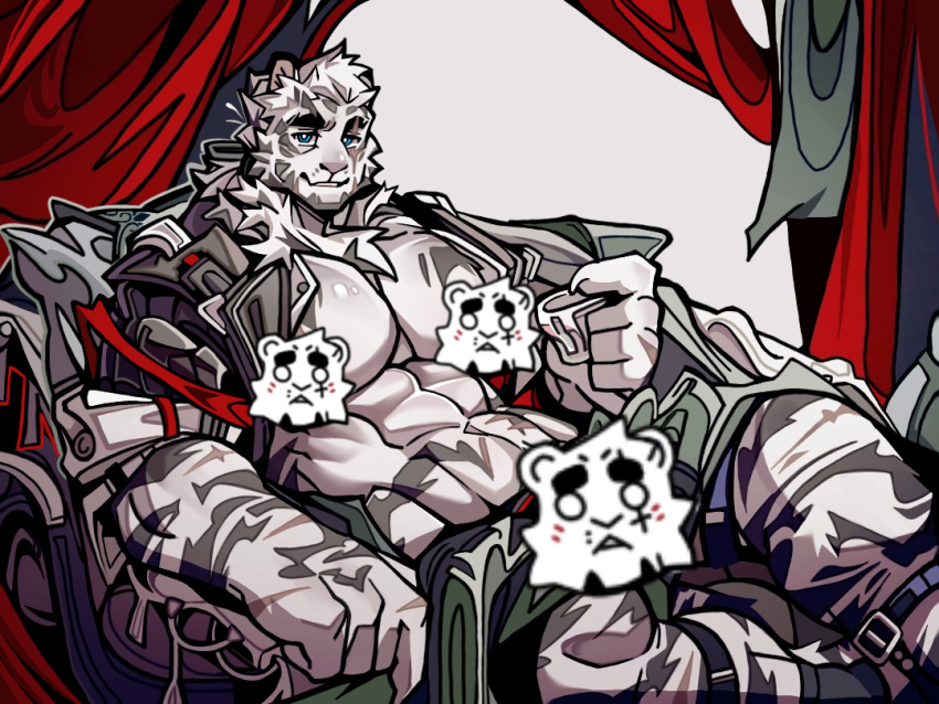 1boy abs arknights bara censored character_censor cup feet_out_of_frame furry furry_male gu_tou_bu_he_gu_tou_tang holding holding_cup large_hands large_pectorals looking_at_viewer male_focus mountain_(arknights) muscular muscular_male novelty_censor pectoral_cleavage pectorals scar scar_across_eye short_hair sitting smile solo thick_eyebrows