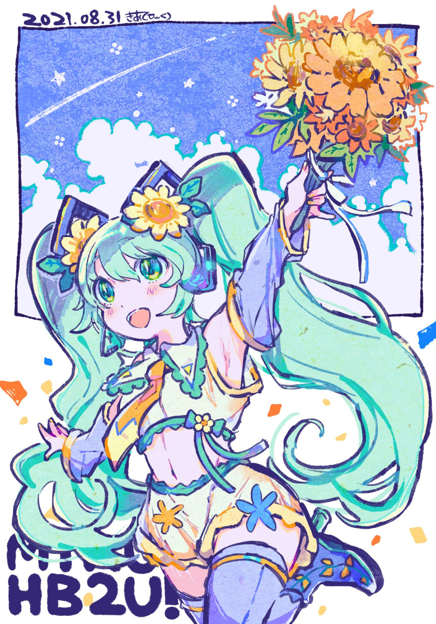 1girl :d animal_ear_headphones animal_ears arm_up bare_shoulders blue_footwear blue_hair blue_ribbon blue_sky blue_thighhighs boots bouquet cloud collared_shirt cowboy_shot cropped_shirt dated detached_sleeves fake_animal_ears flower green_eyes hair_flower hair_ornament happy_birthday hatsune_miku headphones high_heels highres holding holding_bouquet kiato long_hair looking_ahead necktie open_mouth outstretched_arm ribbon see-through see-through_sleeves shirt signature sky sleeveless sleeveless_shirt smile solo standing standing_on_one_leg sunflower sunflower_hair_ornament thighhighs twintails very_long_hair vocaloid yellow_flower yellow_necktie