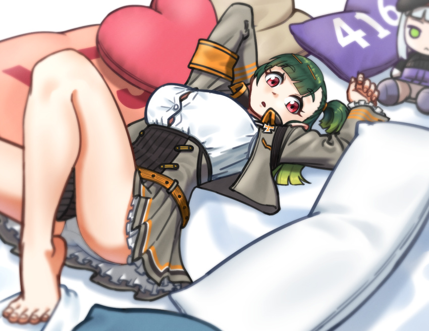 1girl barefoot breasts bursting_breasts character_doll cropped_jacket eyebrows_hidden_by_hair feet g28_(girls'_frontline) girls'_frontline gradient_hair green_hair grey_jacket hair_ornament hairpin heart heart-shaped_pillow hk416_(girls'_frontline) jacket large_breasts looking_at_viewer lying missileer multicolored_hair multiple_hairpins one_side_up orange_armband panties parted_lips pillow red_eyes solo underwear white_panties yes-no_pillow