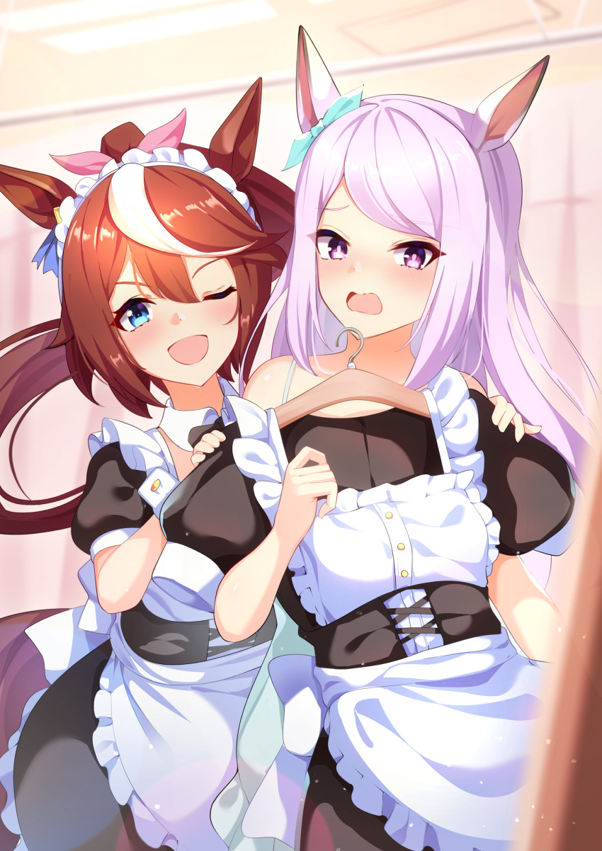 2girls absurdres alternate_costume apron blue_eyes collarbone commentary_request embarrassed enmaided hair_between_eyes hair_ornament highres looking_at_viewer maid maid_headdress mejiro_mcqueen_(umamusume) multiple_girls one_eye_closed open_mouth ponytail purple_eyes purple_hair sunny_(20597521) tokai_teio_(umamusume) umamusume