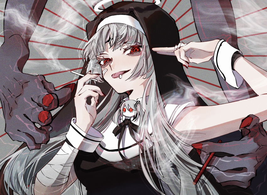 1girl aimaina alternate_skin_color bandaged_arm bandages bandaid bandaid_on_cheek bandaid_on_face black_dress black_nails black_ribbon black_trim black_veil bokuhaboku cigarette collared_shirt double_finger_gun dress facial_mark finger_gun finger_gun_to_head from_below grey_background grey_hair habit halo hatsune_miku highres holding holding_cigarette kamippoina_(vocaloid) long_hair looking_at_viewer neck_ribbon nun piercing pointing pointing_at_self red_eyes red_nails ribbon shirt short_sleeves solo star_(symbol) star_facial_mark tongue tongue_out tongue_piercing veil vocaloid white_halo wrist_cuffs