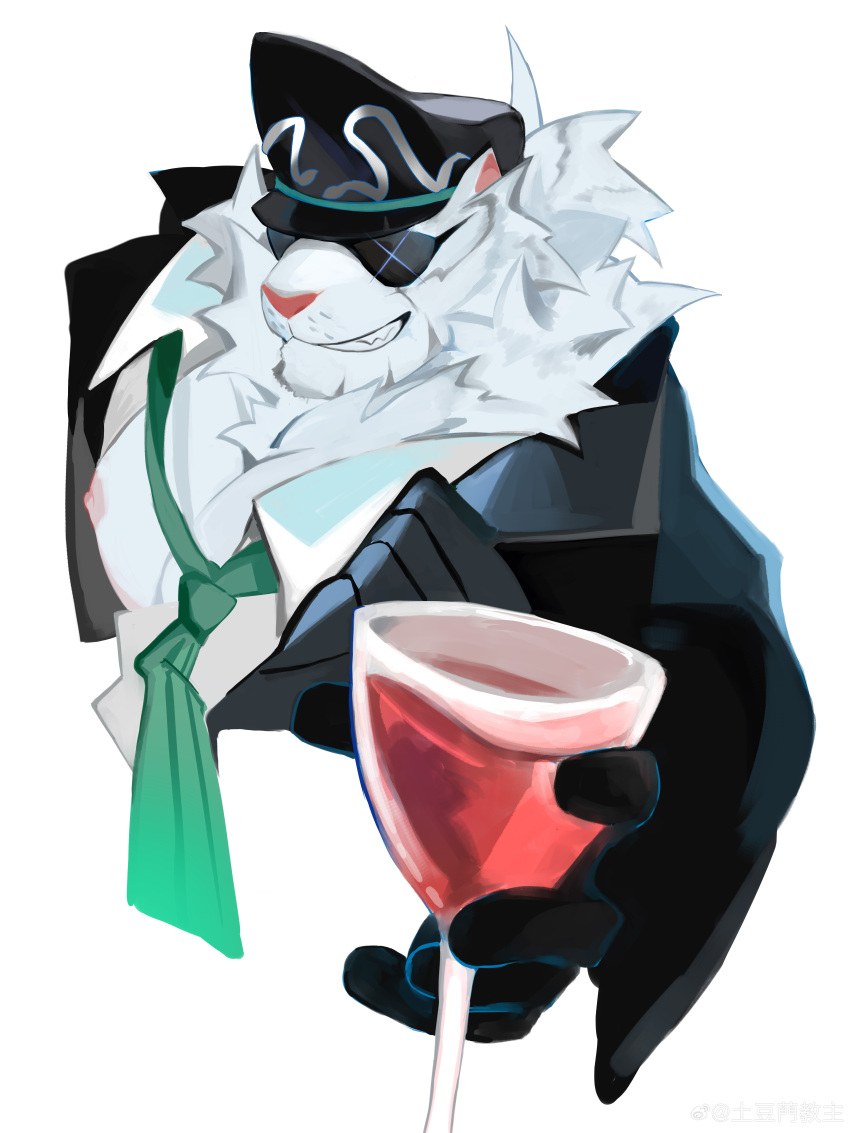 1boy absurdres animal_ears bara bare_pectorals black_headwear coat cropped_torso cup dislyte drinking_glass furry furry_male highres jin_qiu_(ru_shou)_(dislyte) looking_at_viewer loose_necktie male_focus mature_male muscular muscular_male necktie pectorals seductive_smile smile solo sunglasses tiger_boy tiger_ears toasting_(gesture) wine_glass ye_yu_dou_fu_de_jiu_shu