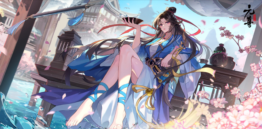 1girl absurdres architecture barefoot breasts brown_hair character_request chinese_clothes copyright_name crossed_legs cup day east_asian_architecture flower gourd highres holding holding_cup jewelry logo long_hair necklace official_art purple_eyes second-party_source sitting soaking_feet solo tassel water yuan_zun