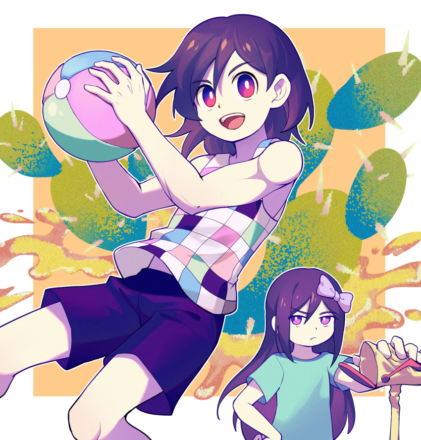 1boy 1girl aubrey_(headspace)_(omori) aubrey_(omori) ball blue_shirt bow brick_st closed_mouth colored_skin hair_bow highres holding holding_ball kel_(headspace)_(omori) kel_(omori) long_hair looking_at_viewer omori open_mouth pink_bow purple_eyes purple_hair shirt short_hair short_sleeves shorts teeth upper_teeth_only white_skin