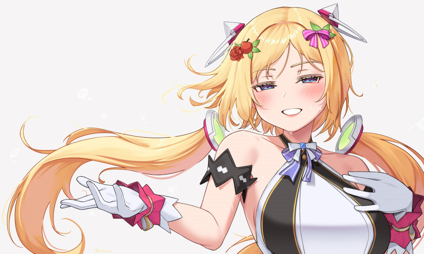 1girl aki_rosenthal blonde_hair blush detached_hair fruit_hair_ornament gloves hand_on_own_chest harry_(dudwofla) highres hololive hololive_idol_uniform looking_at_viewer official_alternate_costume purple_eyes shirt sleeveless sleeveless_shirt smile solo twintails virtual_youtuber white_background white_gloves white_shirt